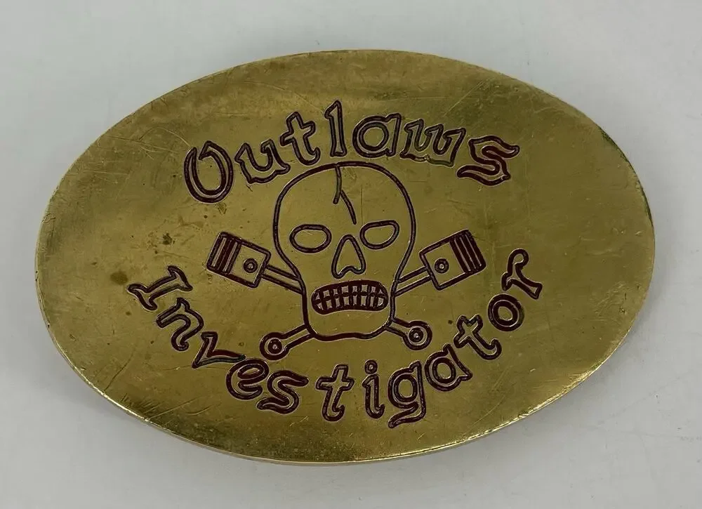 Rare Vtg 1980 Baron Buckles Brass Outlaws Investigator Skull Belt #241 Pistons